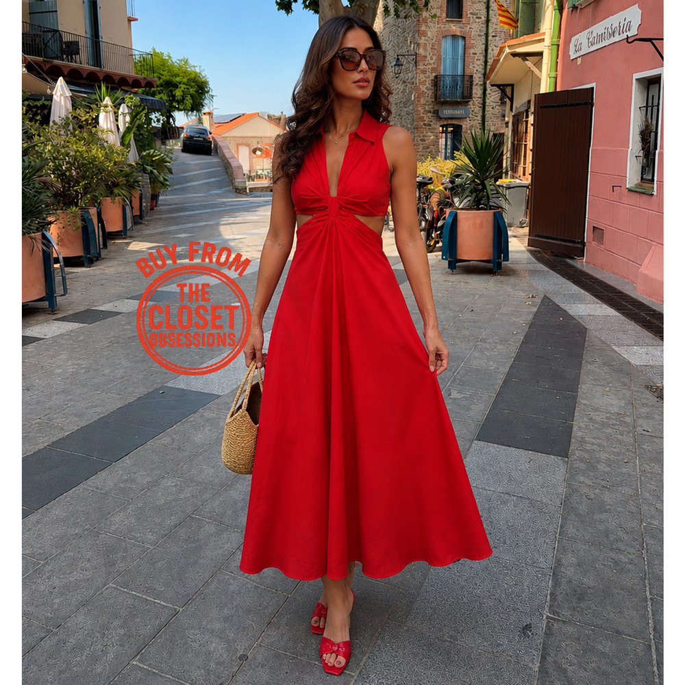 Mango NWT Red Cotton Cutout A-Line Maxi Dress 6 8 - Picture 6 of 16